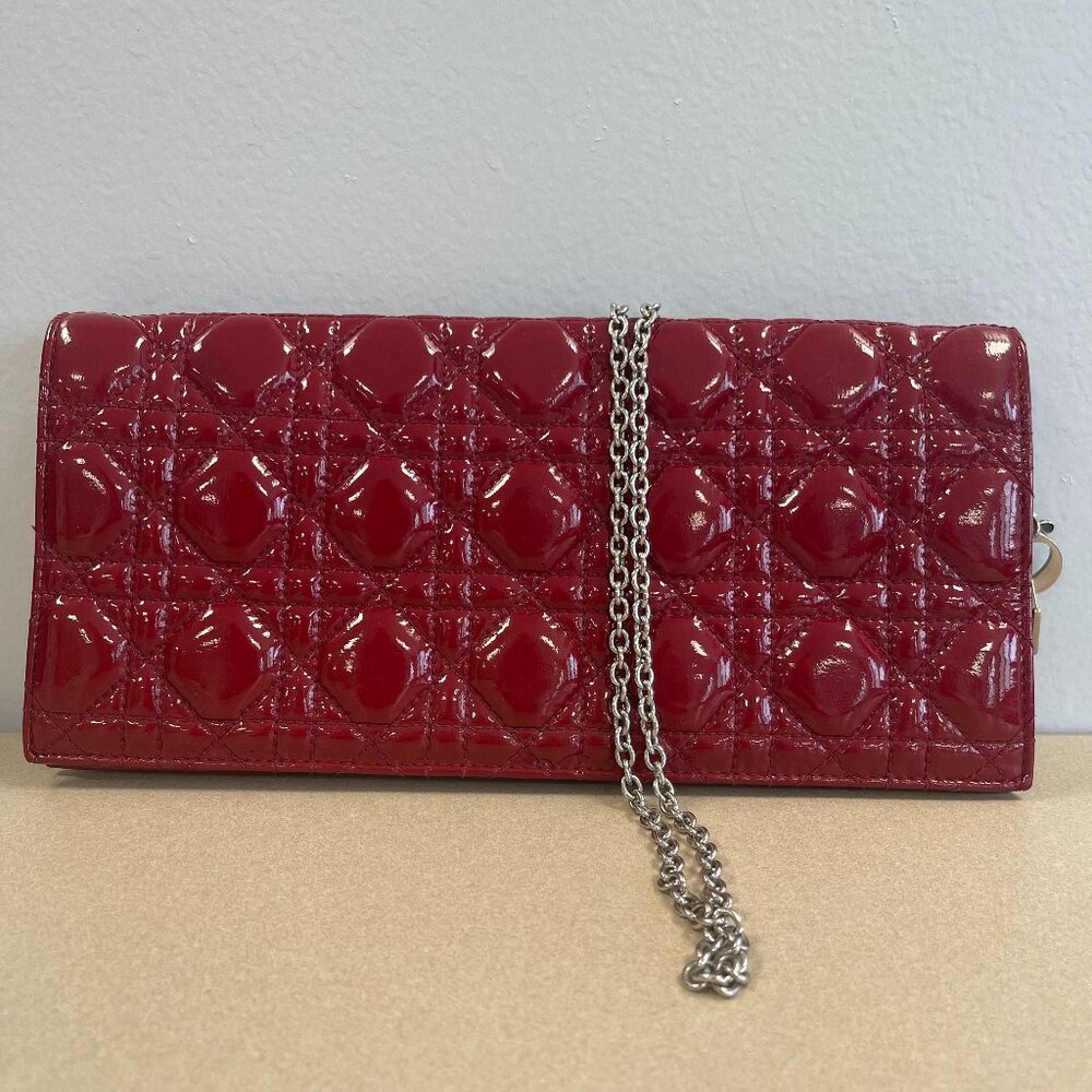 Christian Dior Lady Dior Red Patent Cannage Leather Clutch/Shoulder Bag-Preowned